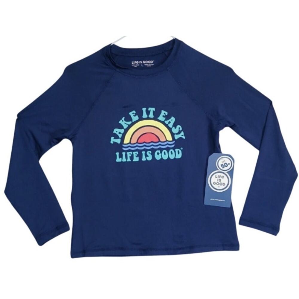 Life Is Good Sun Shirt Kids L Blue Take It Easy Long Sleeve Beach Waves UPF 50